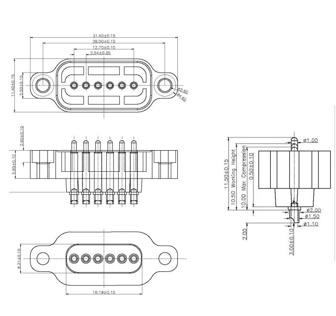 6P 2.54mm pitch solder cup pogo pin connector Height=13.5mm 2