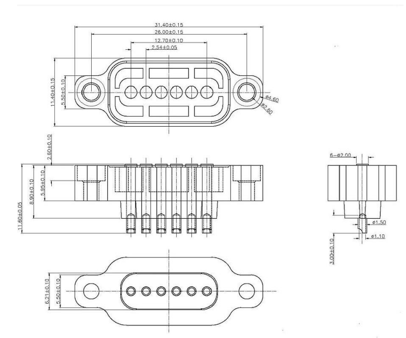 6P 2.54mm pitch solder cup solid pin connector Height=11.6mm 2